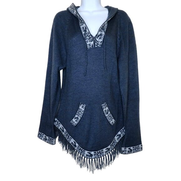 Alpaca Hooded Peruvian Poncho Sweater Fringe Hem Geometric Trim Womens Medium - Picture 1 of 9